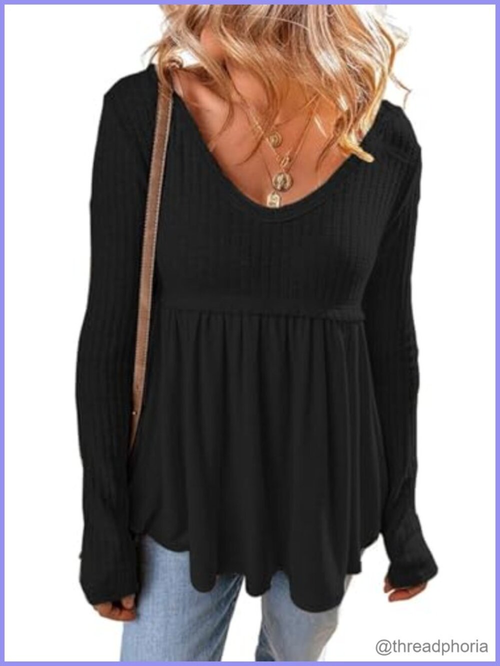 Women's Long Sleeve V Neck Babydoll Tunic Top Textured Casual Fall T-Shirt